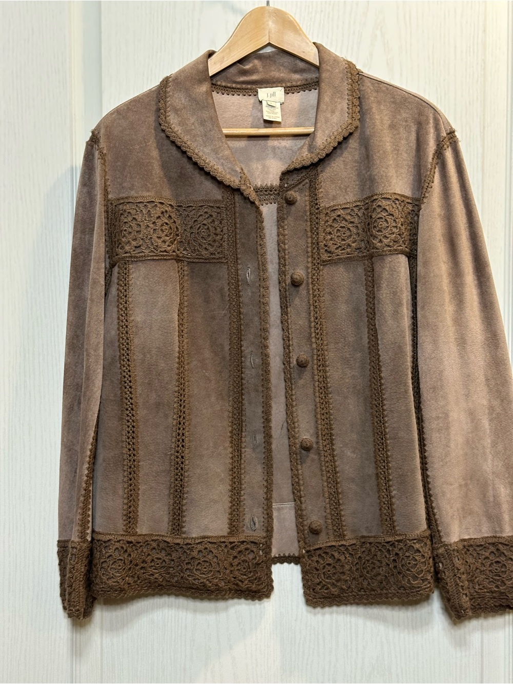 Boho Suede & Crochet Lightweight Jacket Taupe-Brown Size Medium